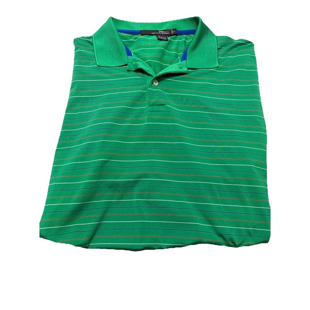 RLX Ralph Lauren Polo Shirt Mens L Green Blue Red White Striped Classic Stretch